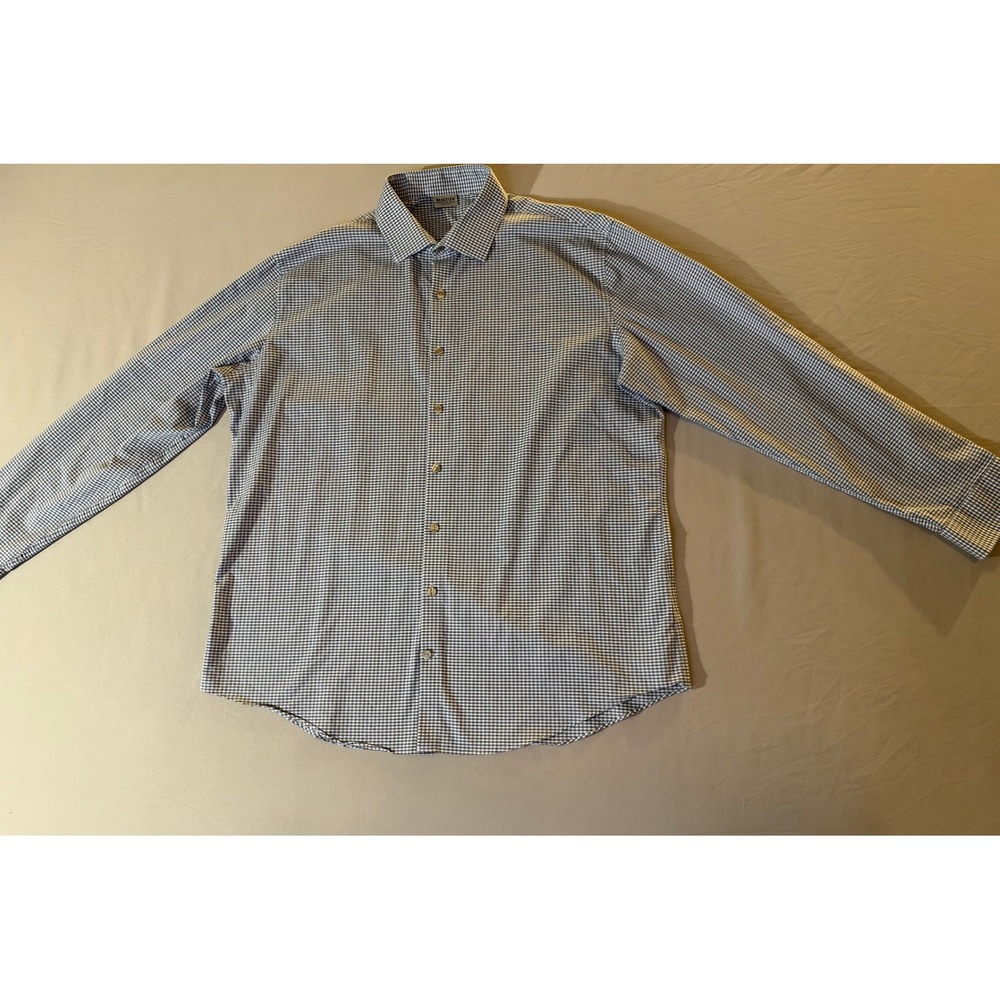 Kenneth Cole Reaction Mens Slim Fit Gingham Dress Shirt Blue White 17.5 34/35